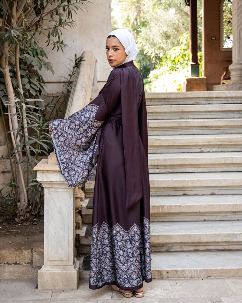 Flag Sleeves Dress With Shawl - Maroon