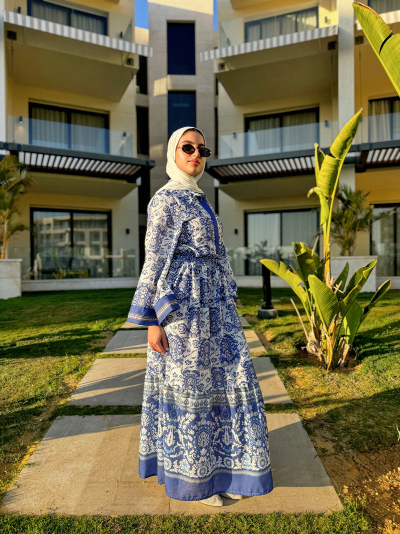 Floral Linen Dress - Blue