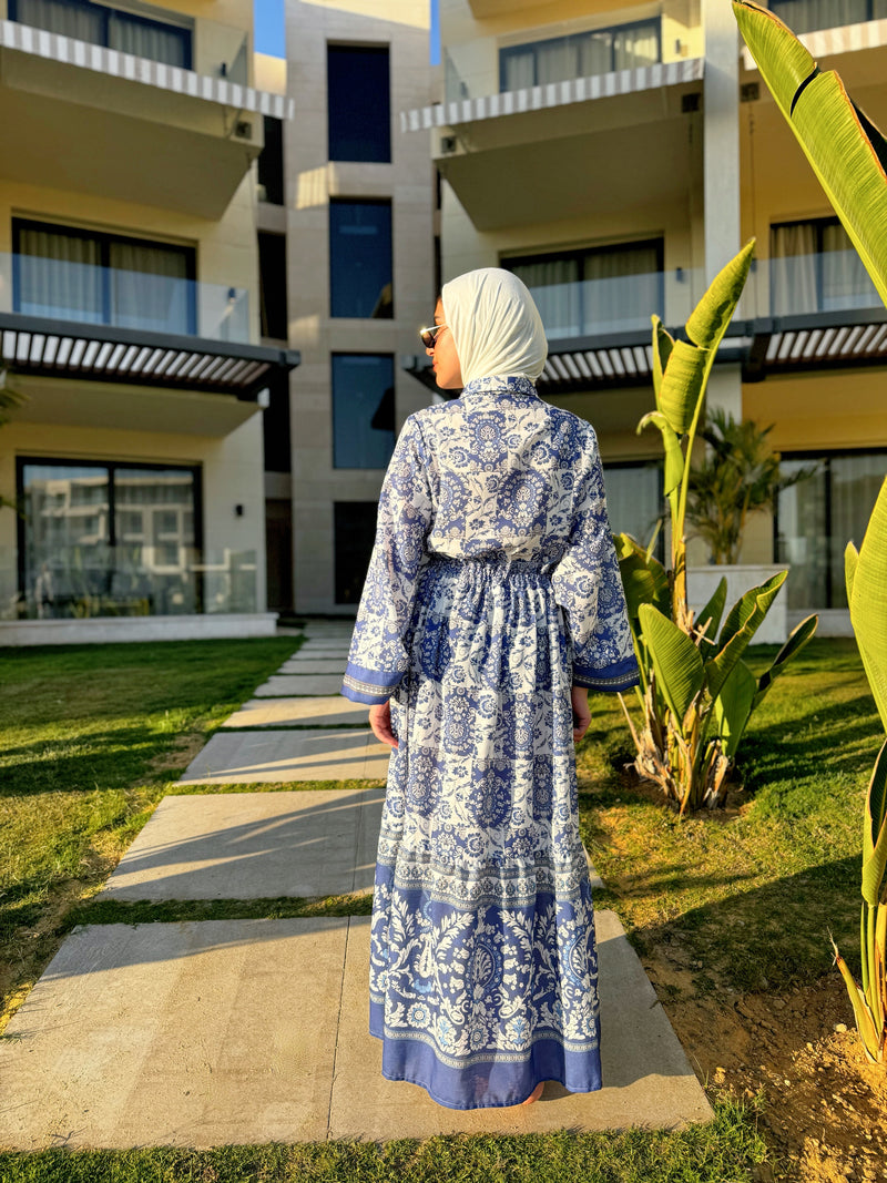 Floral Linen Dress - Blue