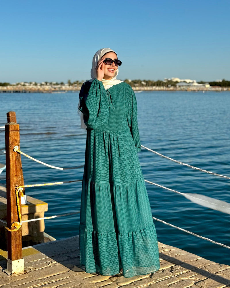 Flowy Sleeves Chiffon Dress-Green