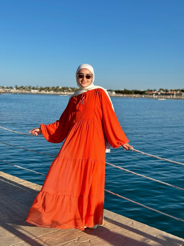 Flowy Sleeves Chiffon Dress-Orange