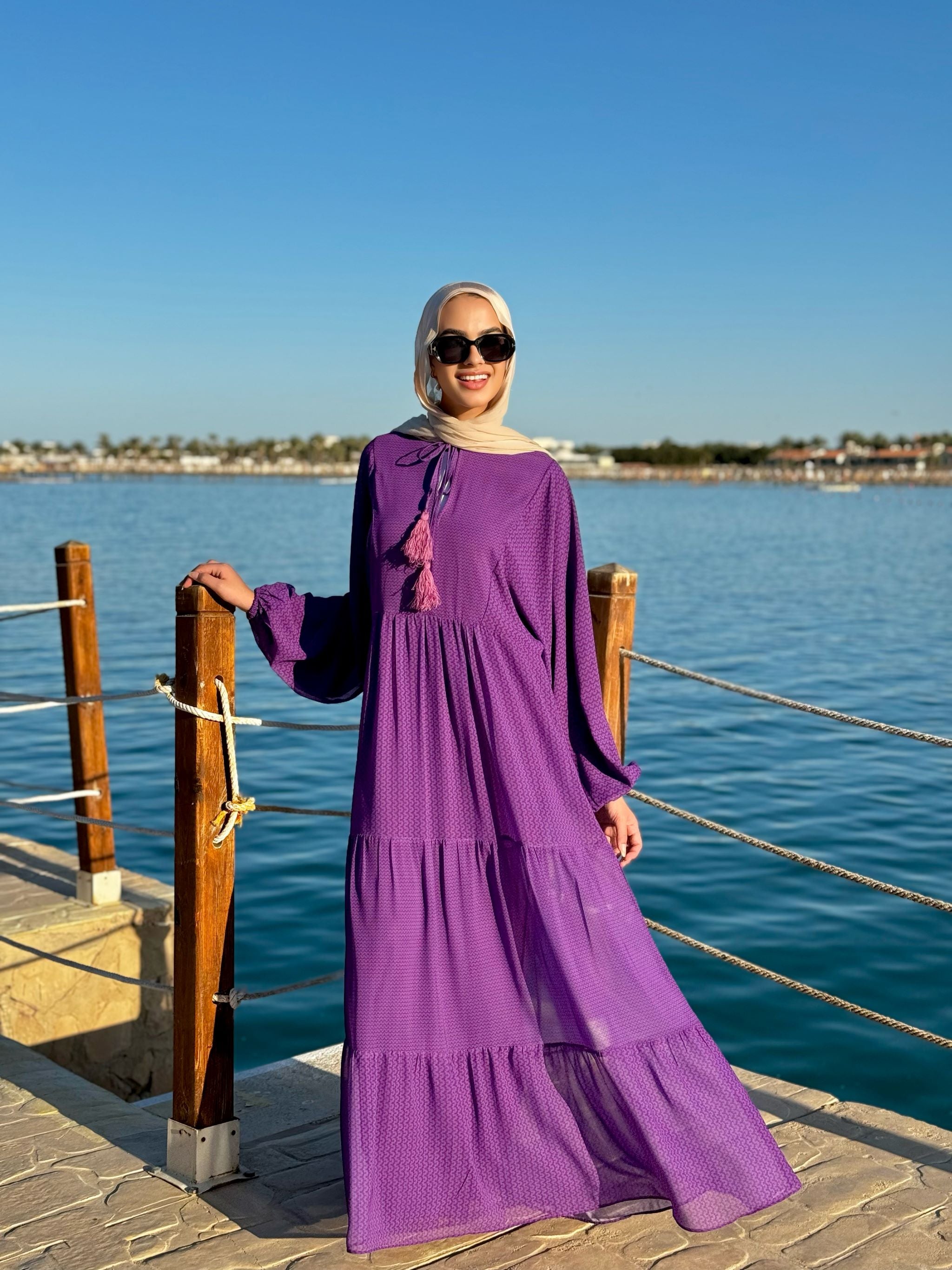 Flowy Sleeves Chiffon Dress-Purple