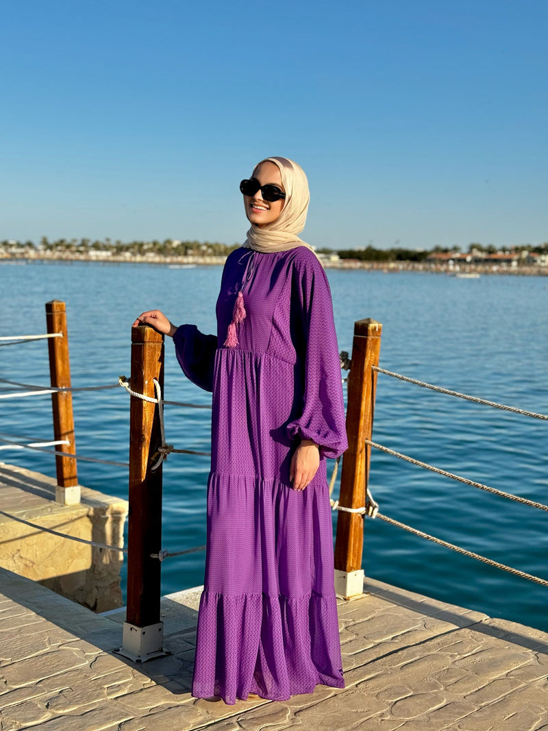 Flowy Sleeves Chiffon Dress-Purple