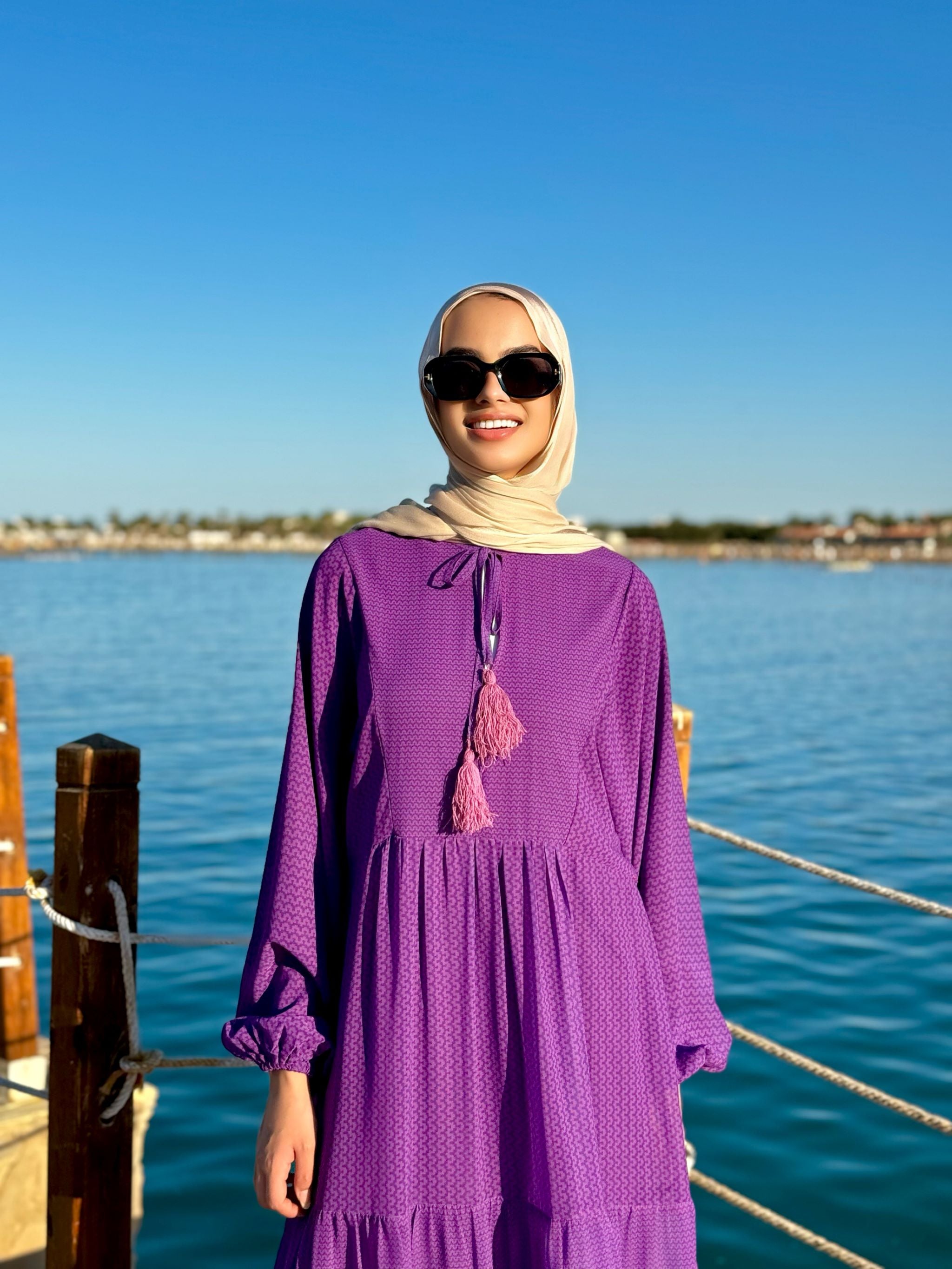 Flowy Sleeves Chiffon Dress-Purple