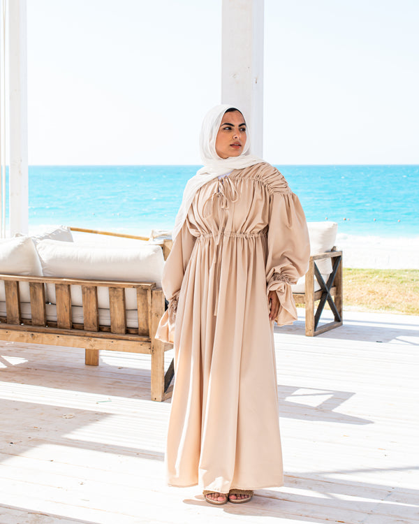 Gathered Shoulders Dress-Beige