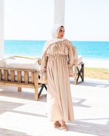 Gathered Shoulders Dress-Beige