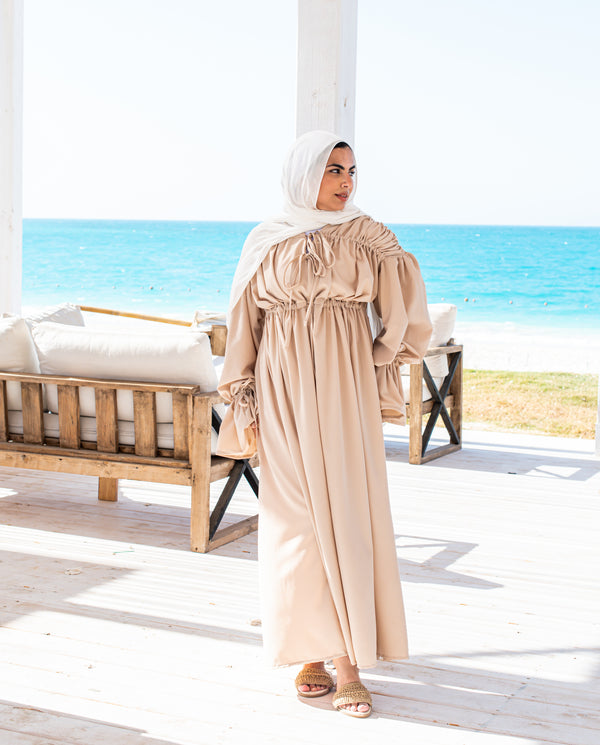 Gathered Shoulders Dress-Beige