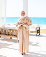 Gathered Shoulders Dress-Beige