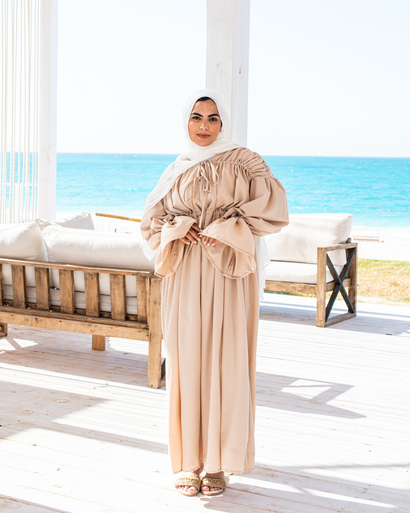 Gathered Shoulders Dress-Beige