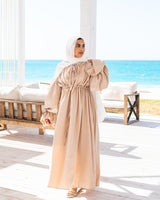 Gathered Shoulders Dress-Beige