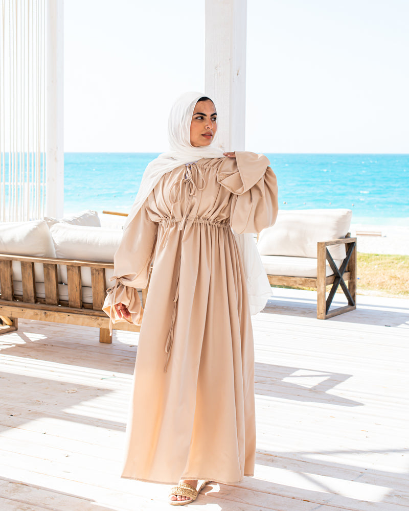Gathered Shoulders Dress-Beige