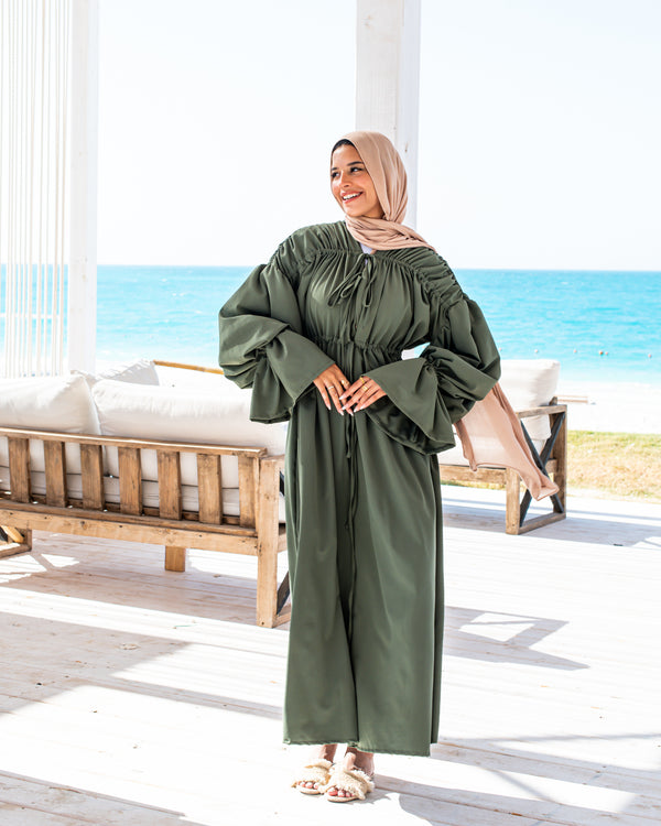 Gathered Shoulders Dress-Olive