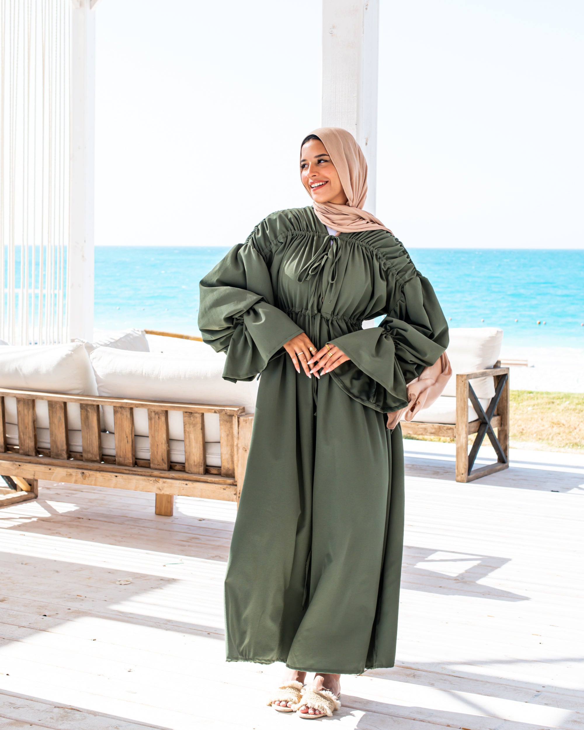 Gathered Shoulders Dress-Olive