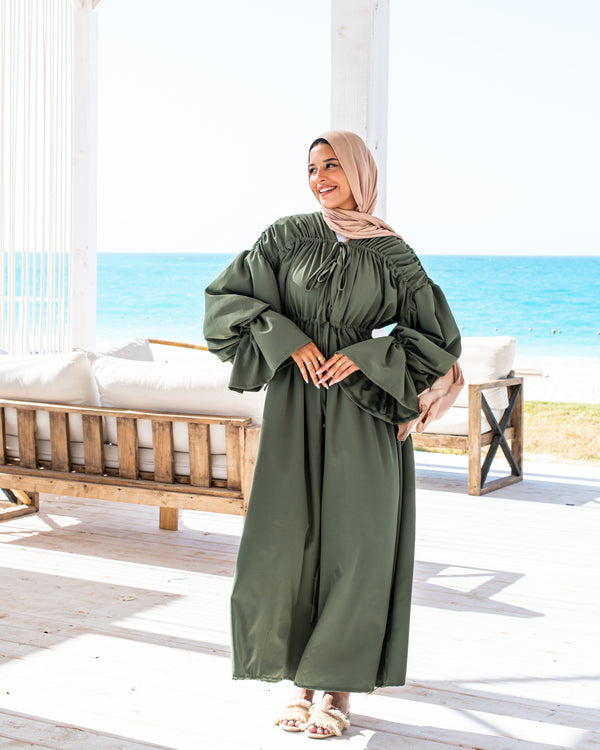 Gathered Shoulders Dress-Olive