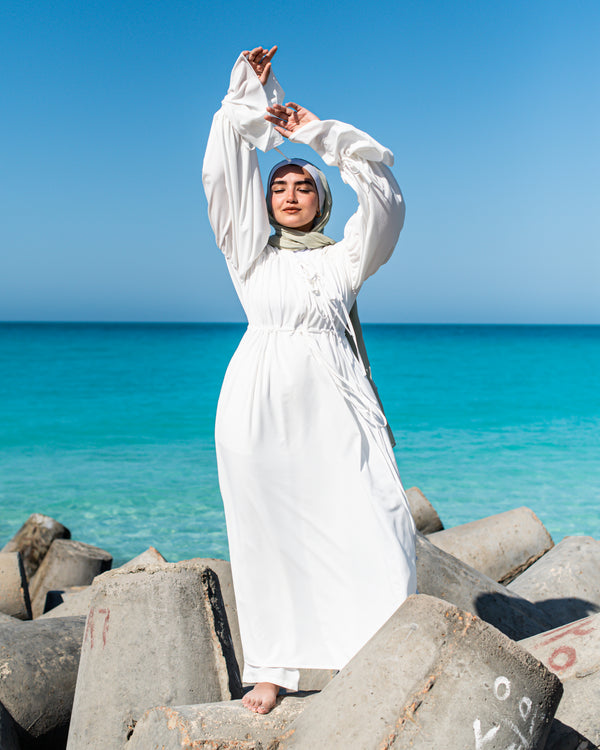Gathered Shoulders Dress-White