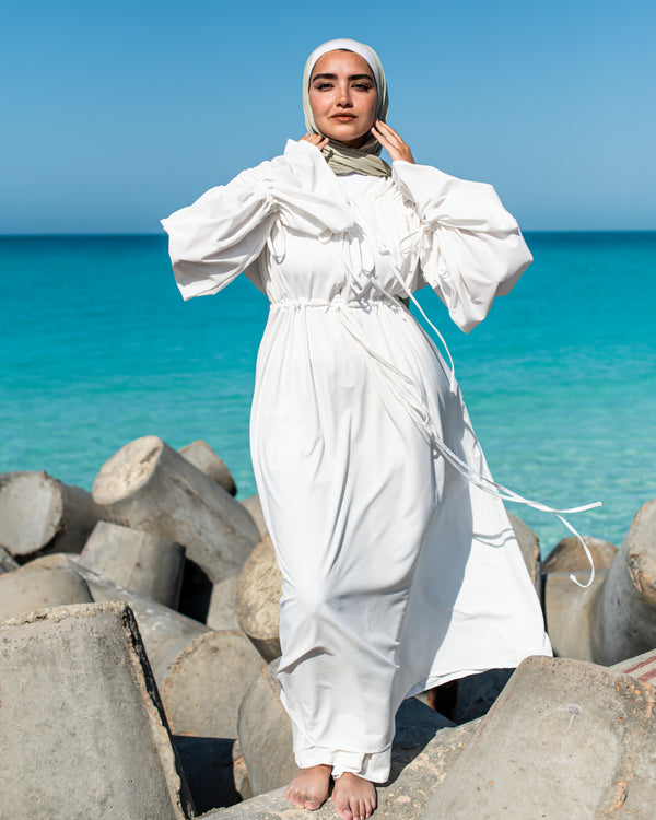 Gathered Shoulders Dress-White