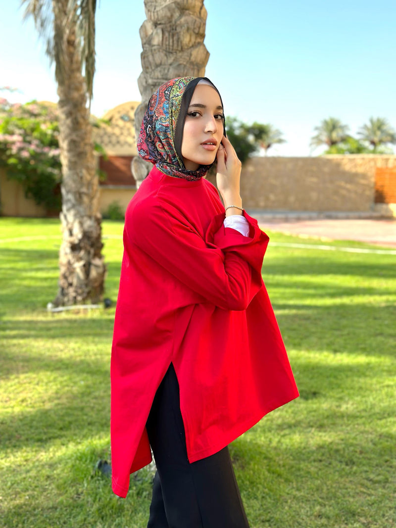 High-Low Cotton Blouse-Red