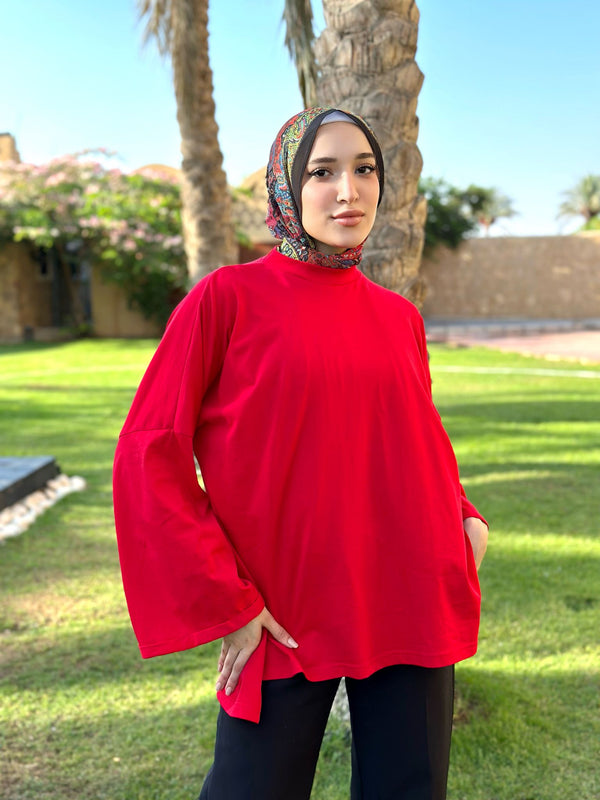 High-Low Cotton Blouse-Red