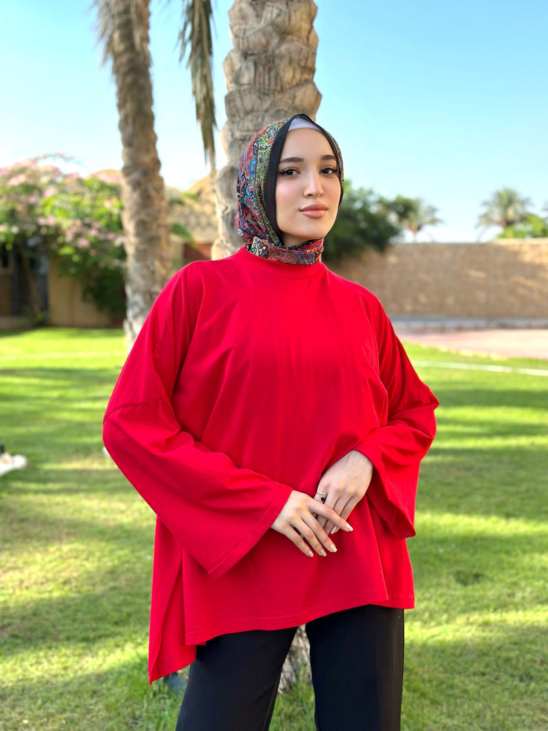 High-Low Cotton Blouse-Red