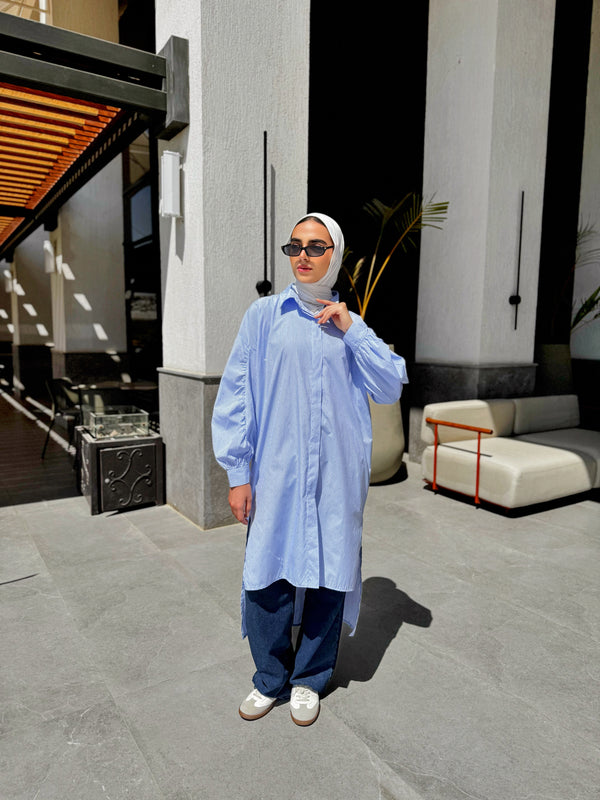 Ruched Sleeves Shirt - Baby Blue