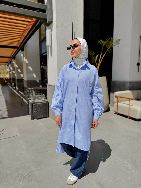 Ruched Sleeves Shirt - Baby Blue