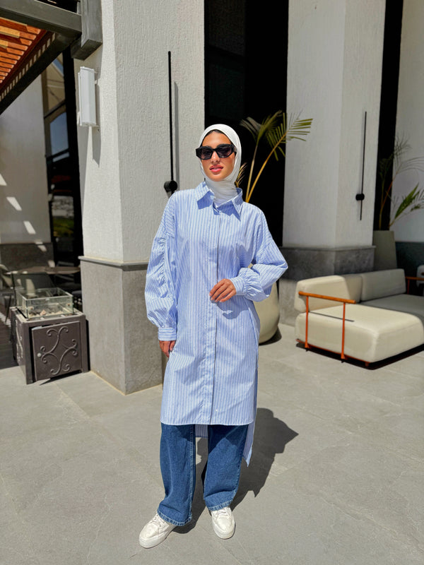 Ruched Sleeves Shirt - Baby Blue*White