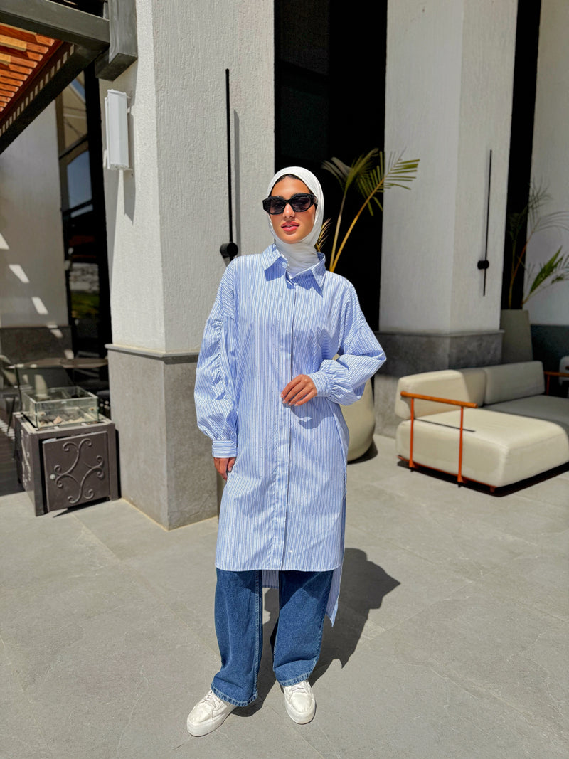 Ruched Sleeves Shirt - Baby Blue*White