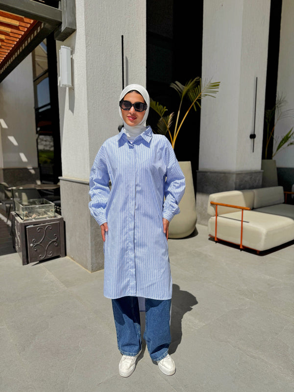 Ruched Sleeves Shirt - Baby Blue*White