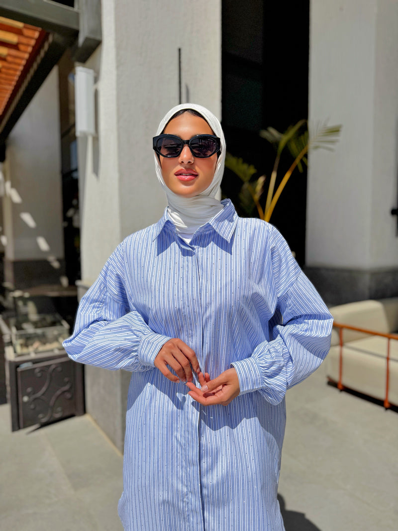 Ruched Sleeves Shirt - Baby Blue*White