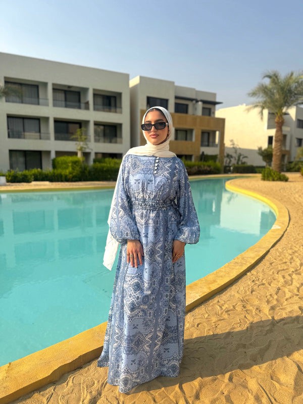 Printed Chiffon Dress - Blue