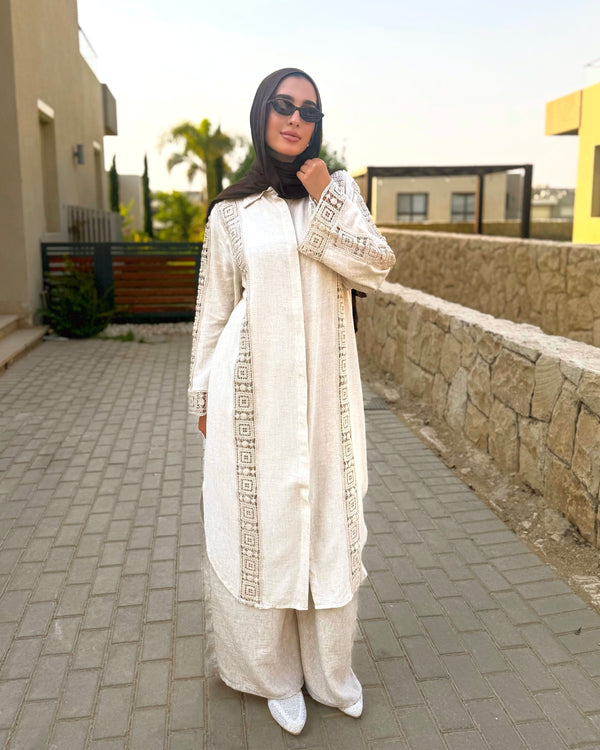 Linen With Lace Detail Shirt - Beige