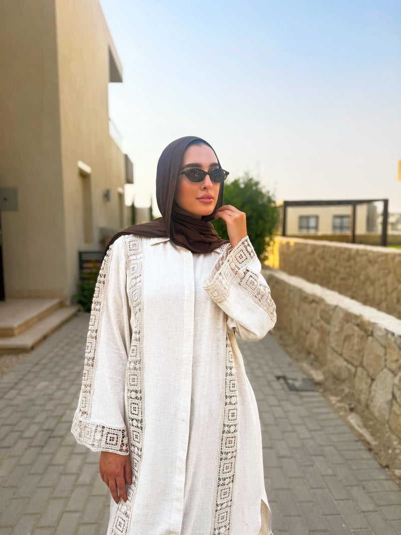 Linen With Lace Detail Shirt - Beige