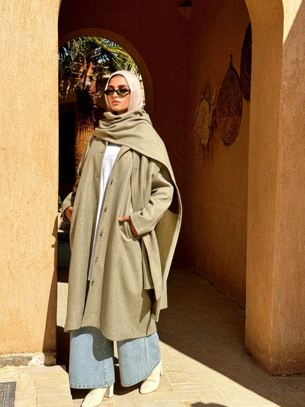 Felt Coat With Scarf - Olive