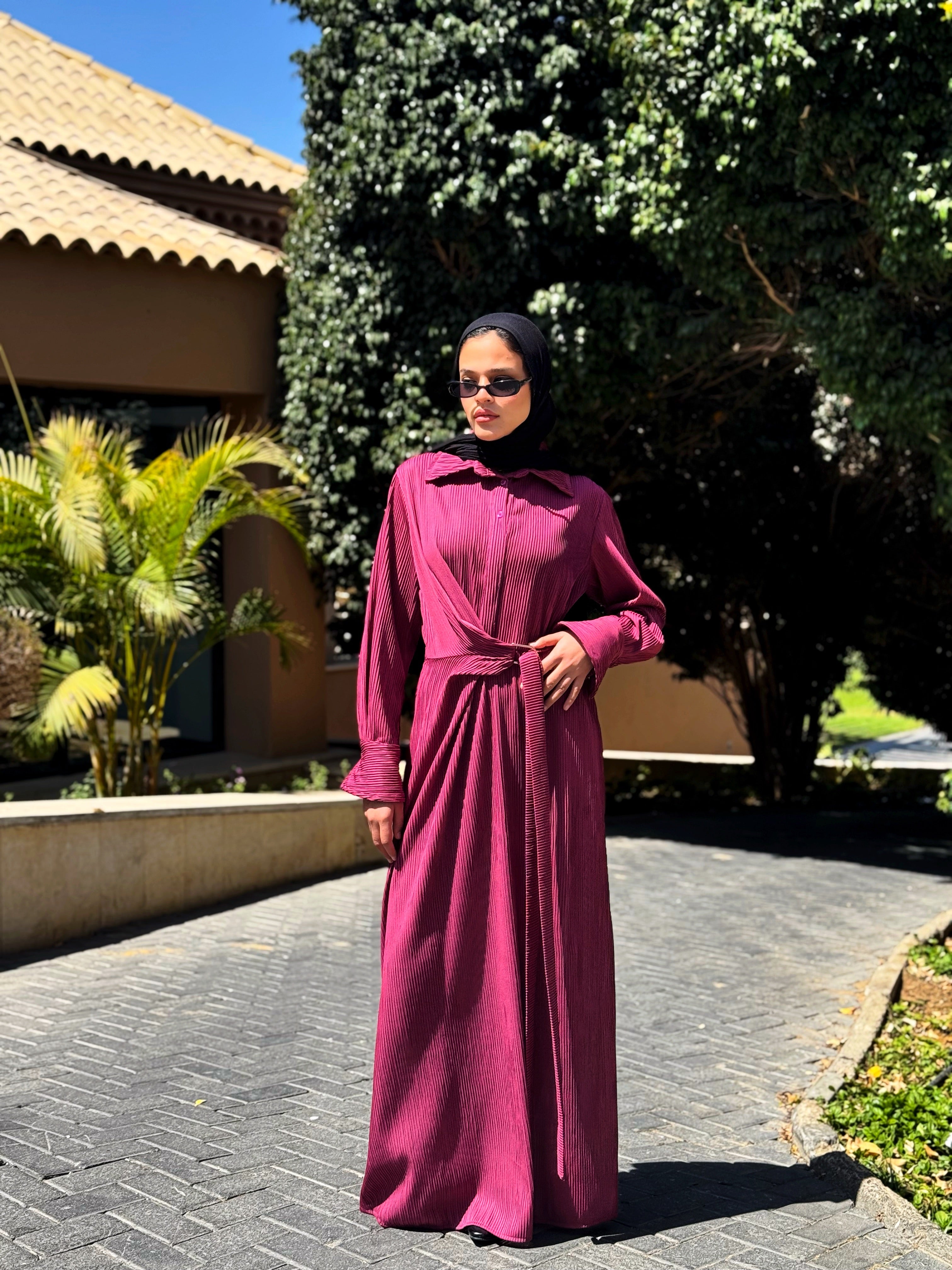 Accordion Dress With Buckle - Maroon