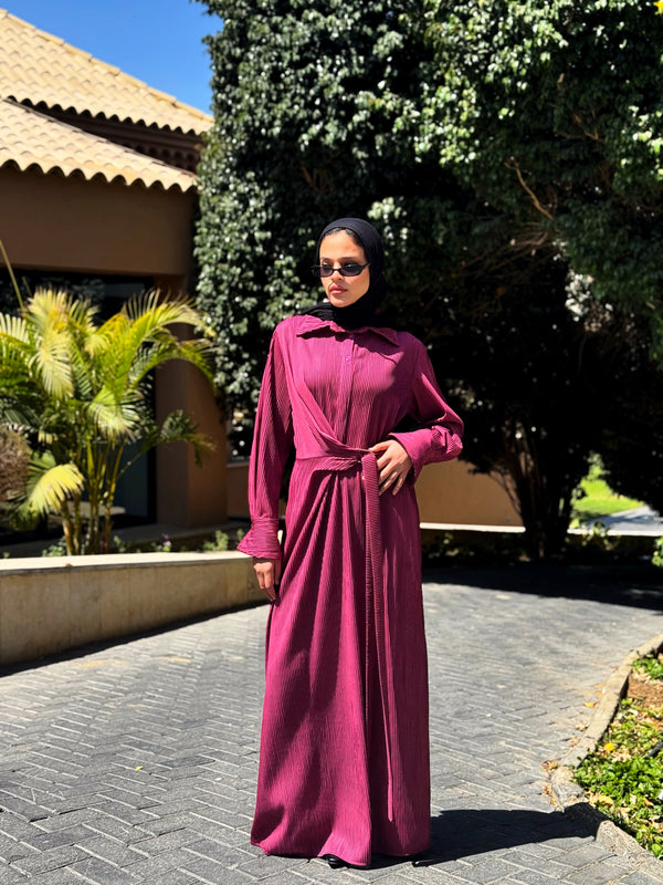 Accordion Dress With Buckle - Maroon