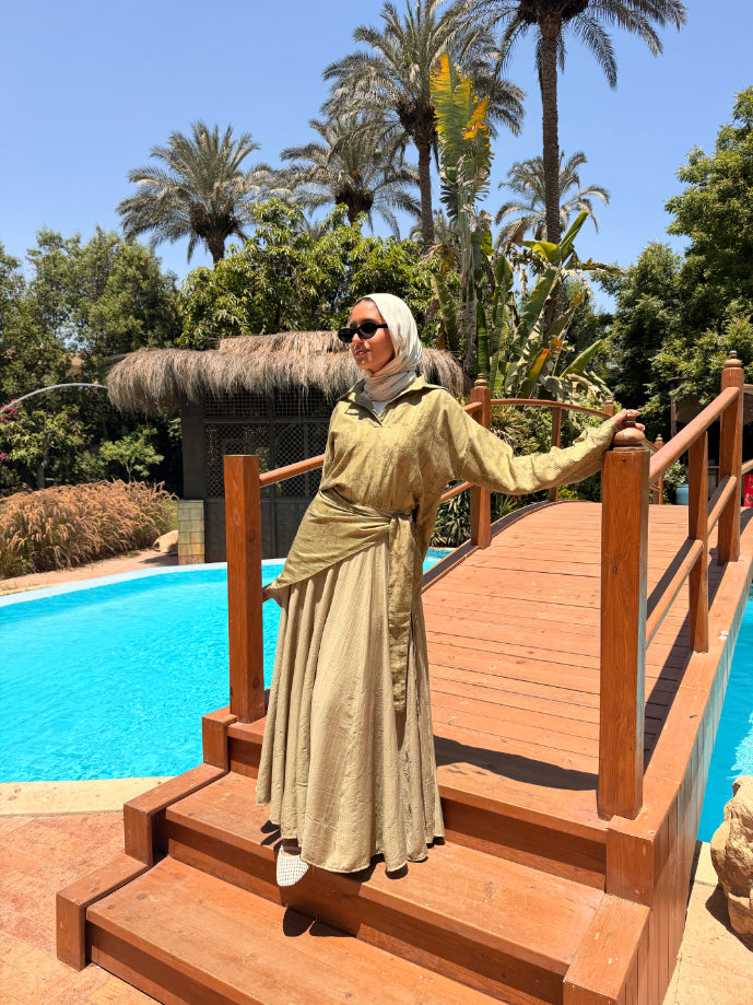 Panels Skirt With Scarf -Olive