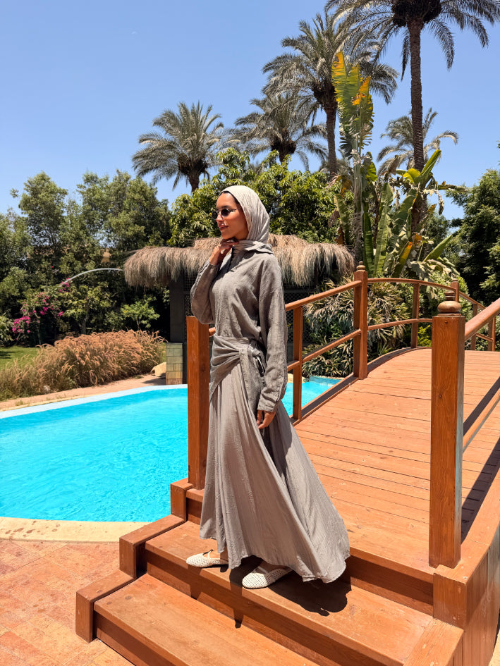 Panels Skirt With Scarf -Grey