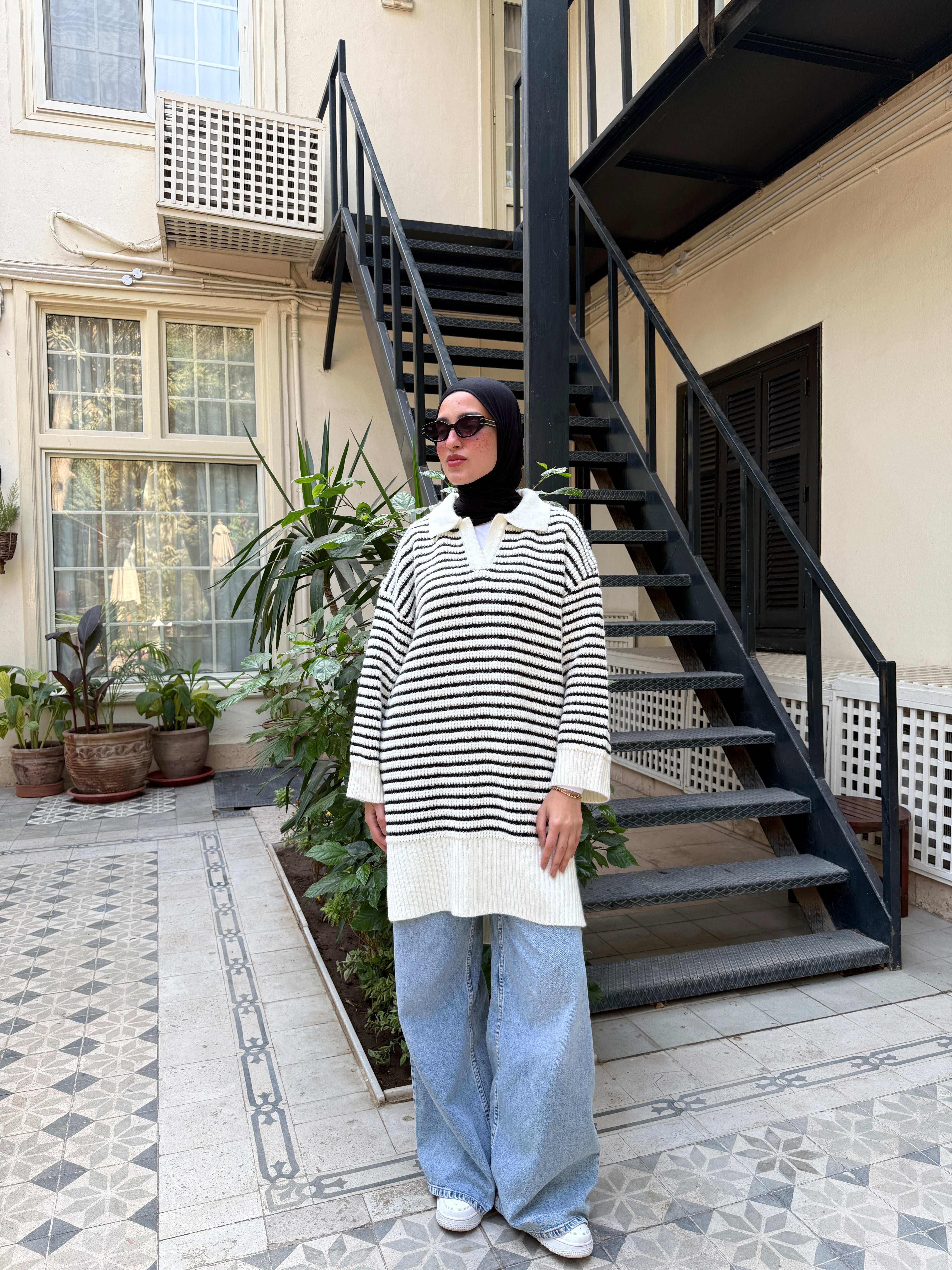 Striped Oversize Pullover - Black