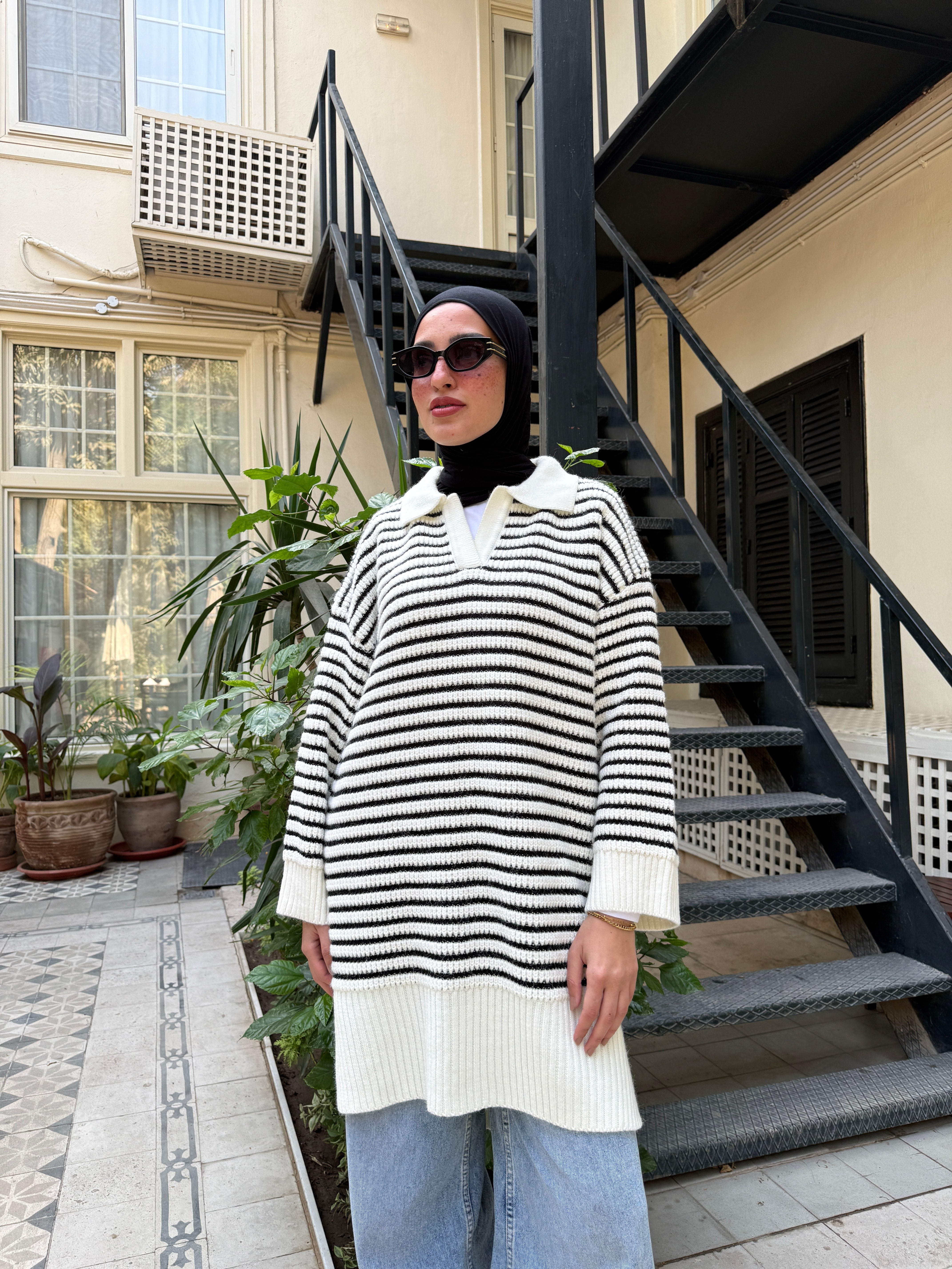 Striped Oversize Pullover - Black