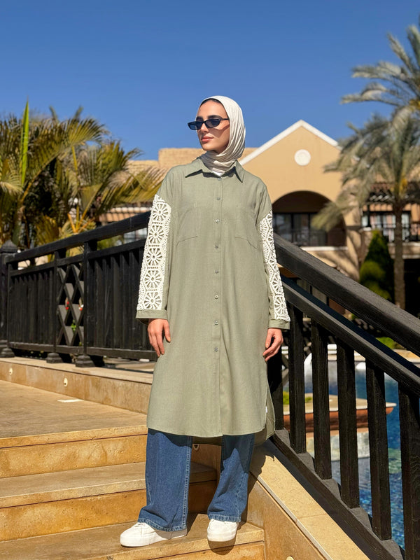 Linen With Guipure Shirt - Olive