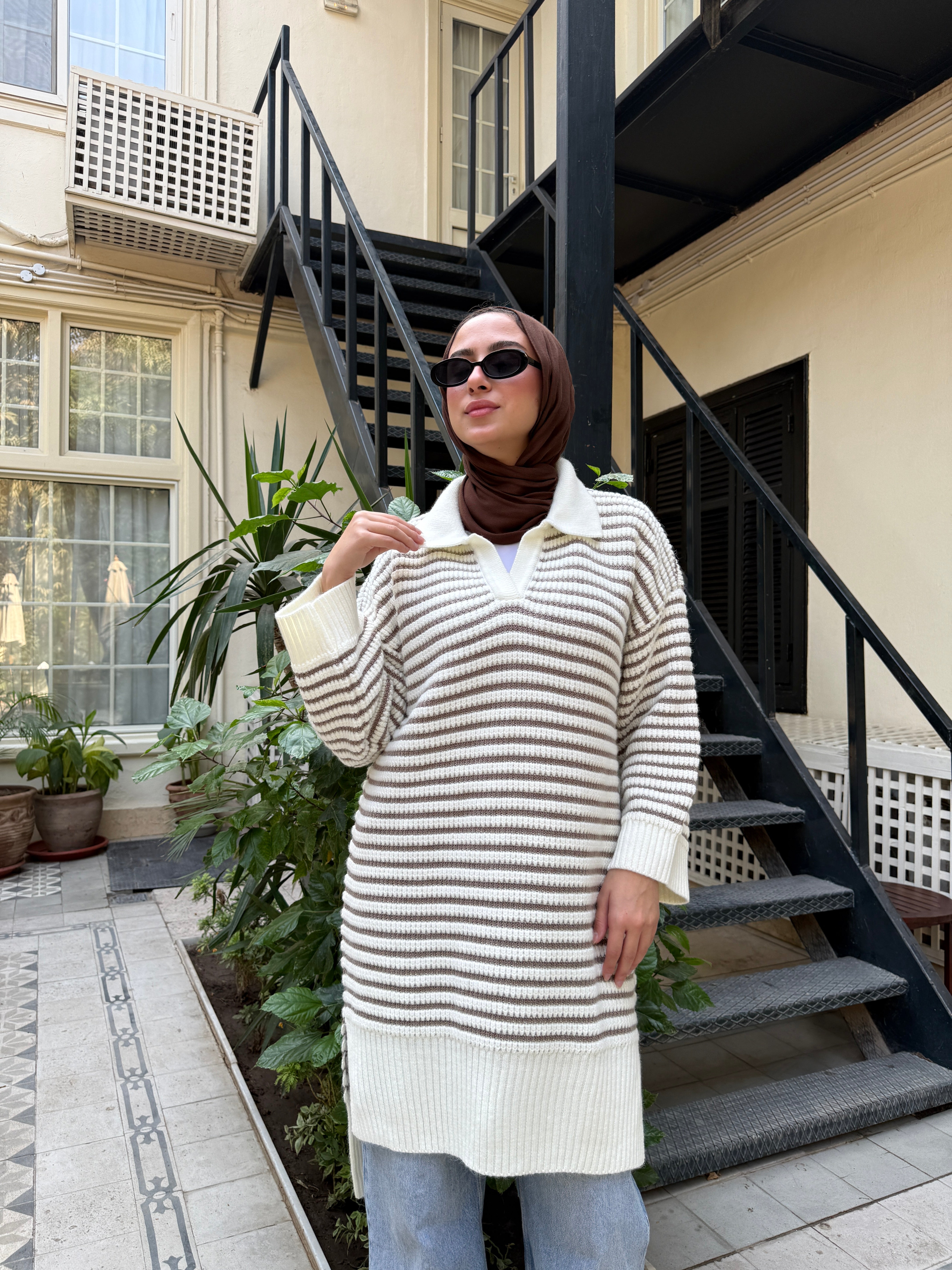 Striped Oversize Pullover - Cafe