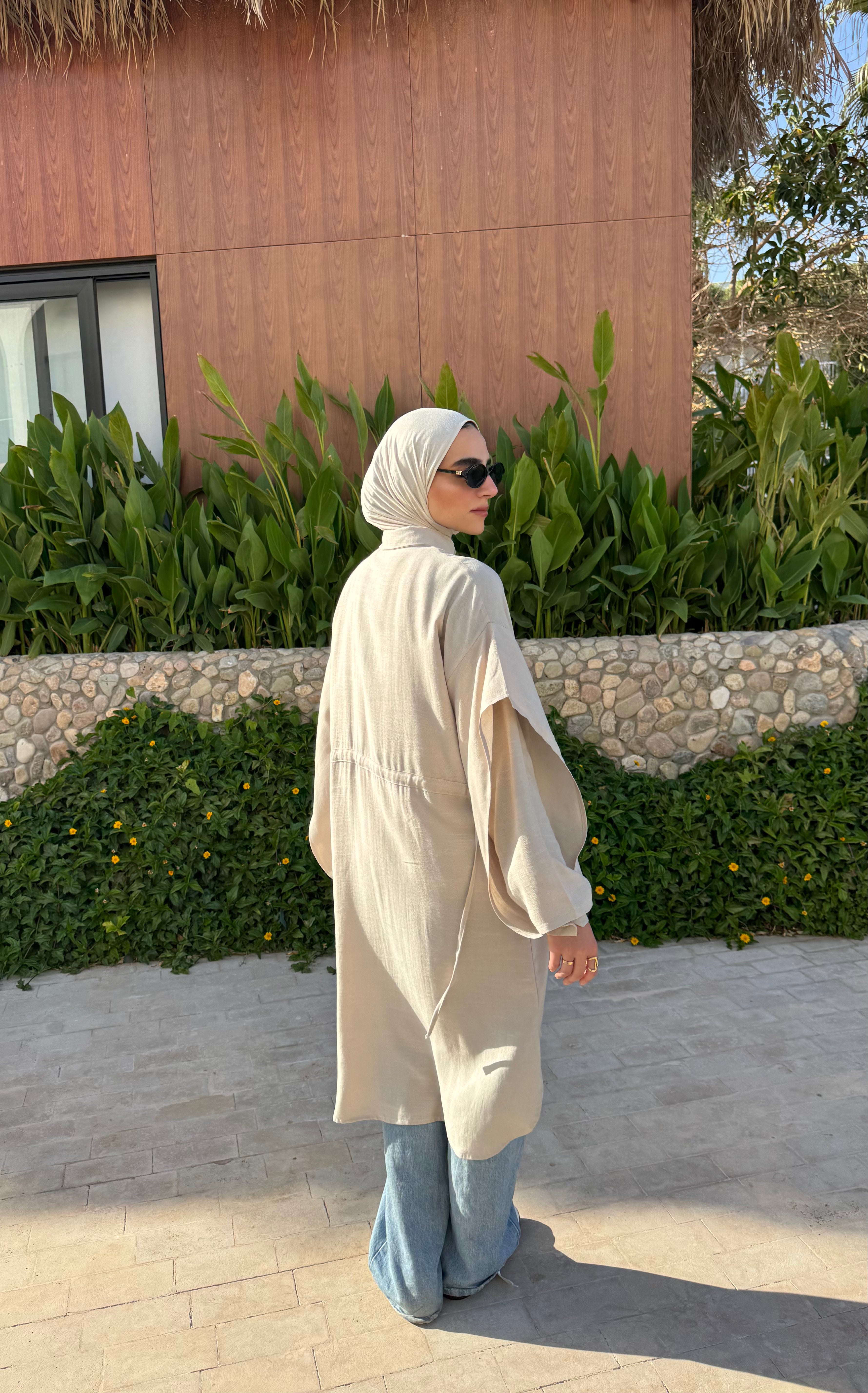 Double Layered Sleeves Shirt-Beige