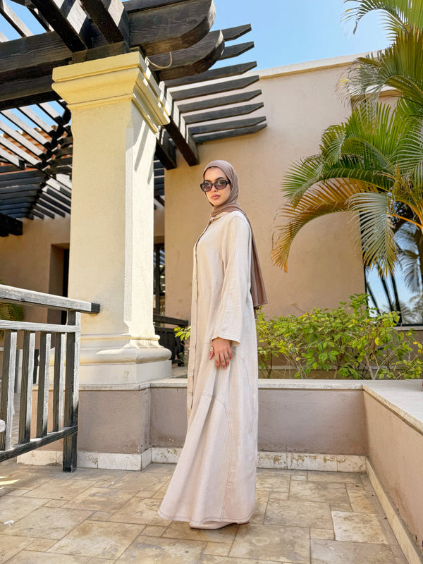 Linen Top-Stitched Dress - Beige
