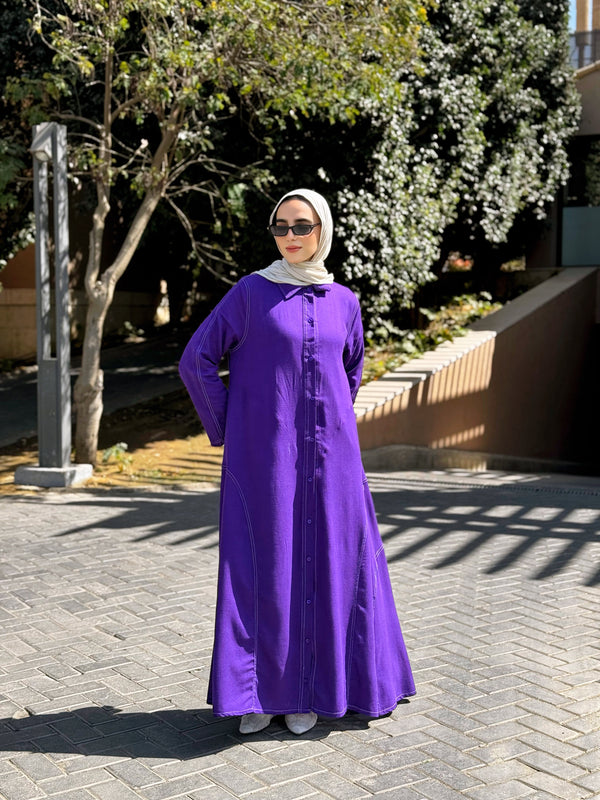 Linen Top-Stitched Dress - Purple
