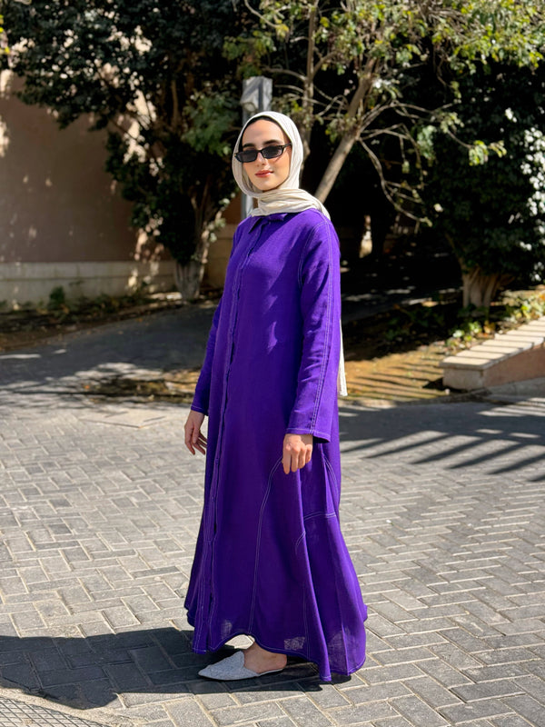 Linen Top-Stitched Dress - Purple