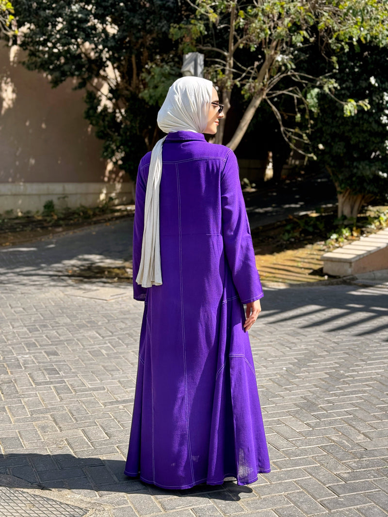 Linen Top-Stitched Dress - Purple