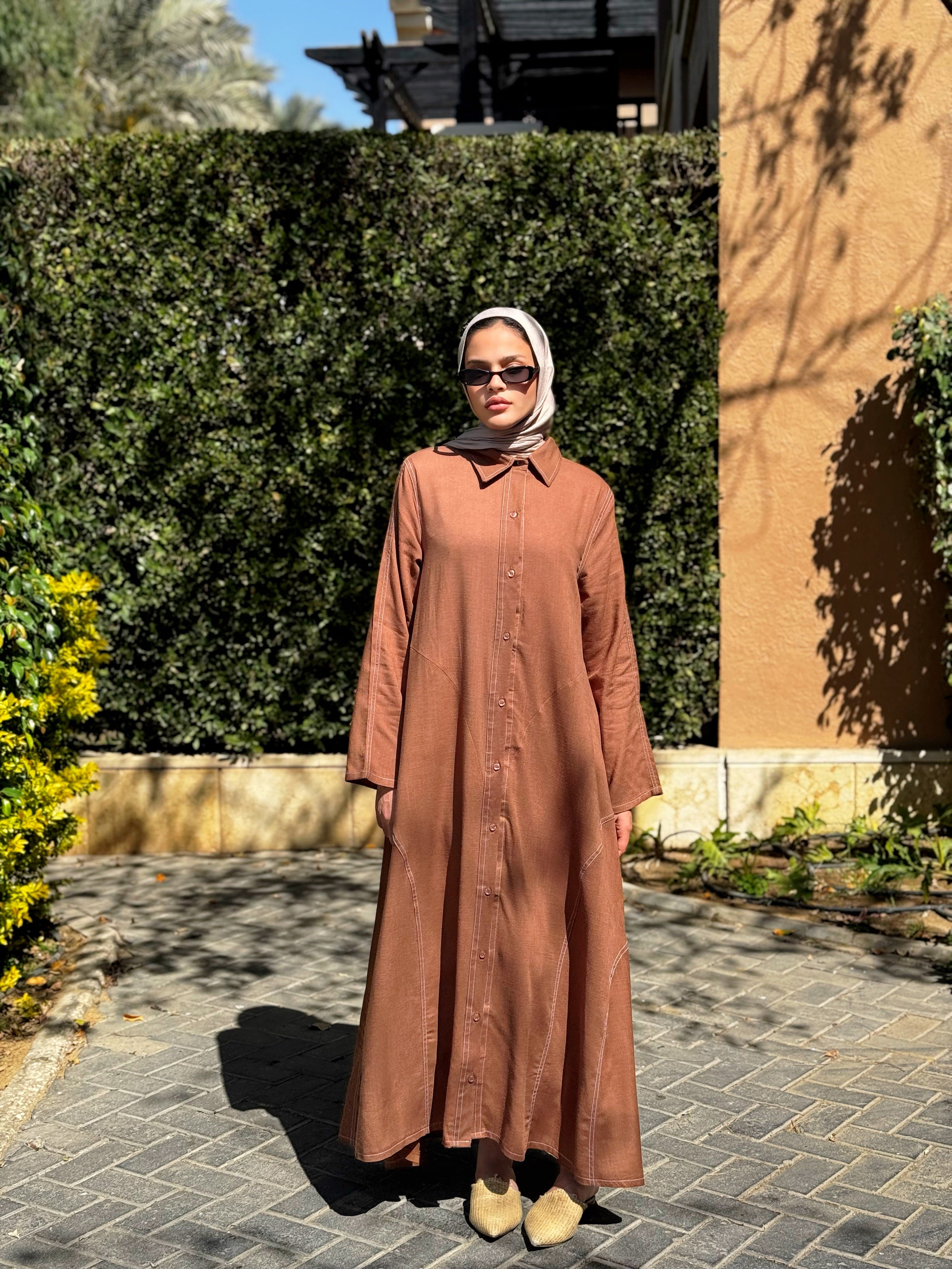 Linen Top-Stitched Dress - Brown