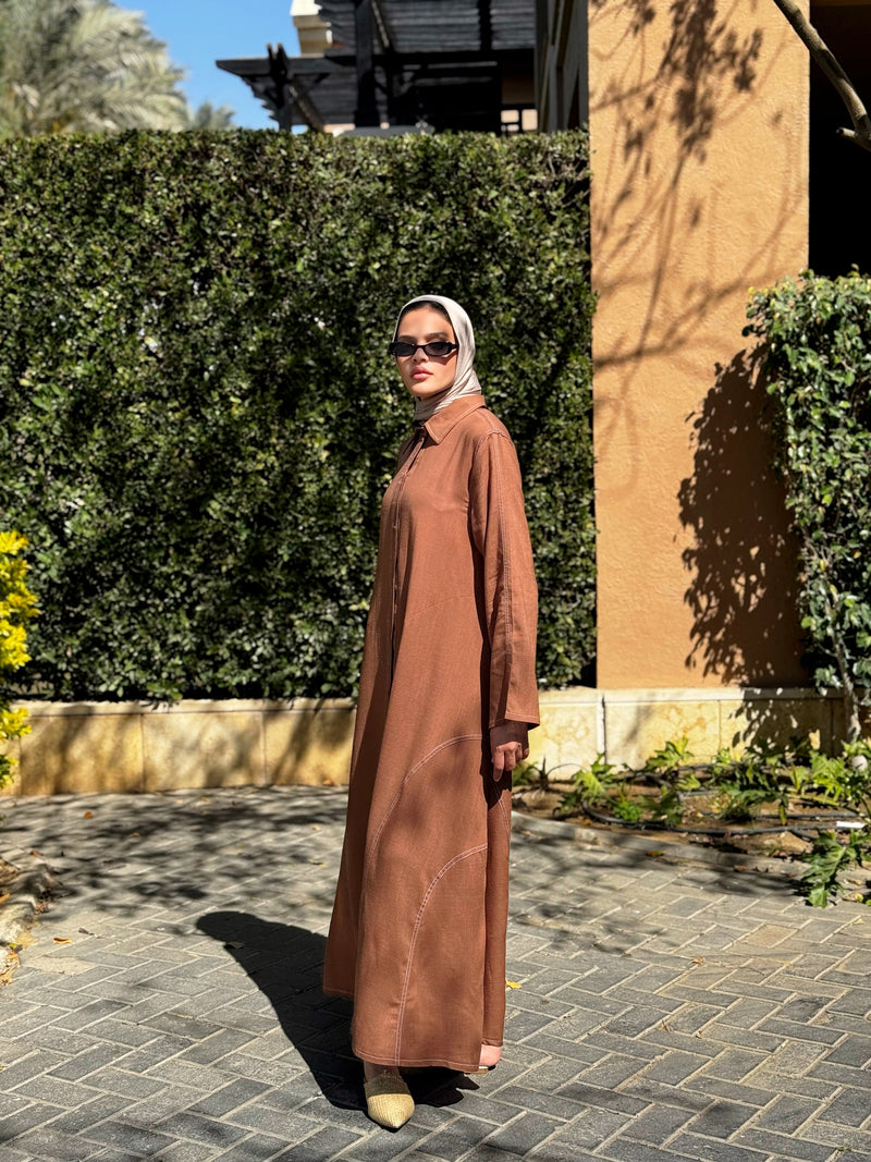 Linen Top-Stitched Dress - Brown