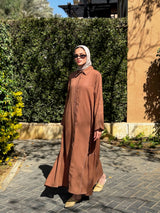 Linen Top-Stitched Dress - Brown