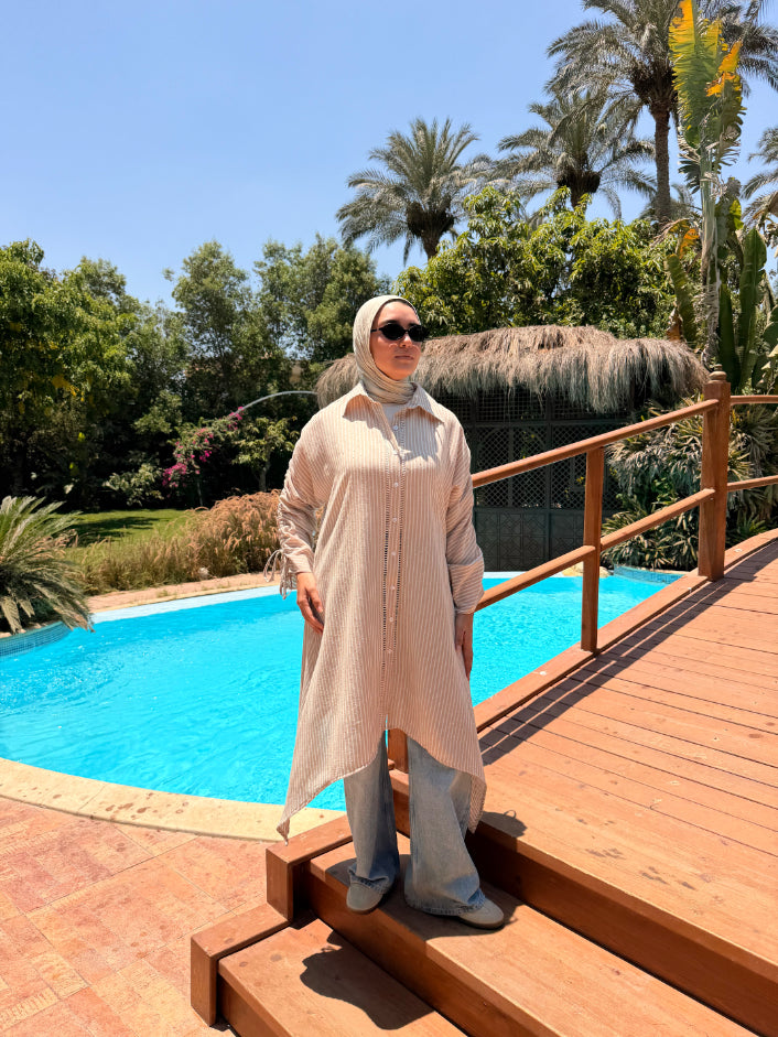 Asymmetrical Strass Linen Shirt -Beige*White
